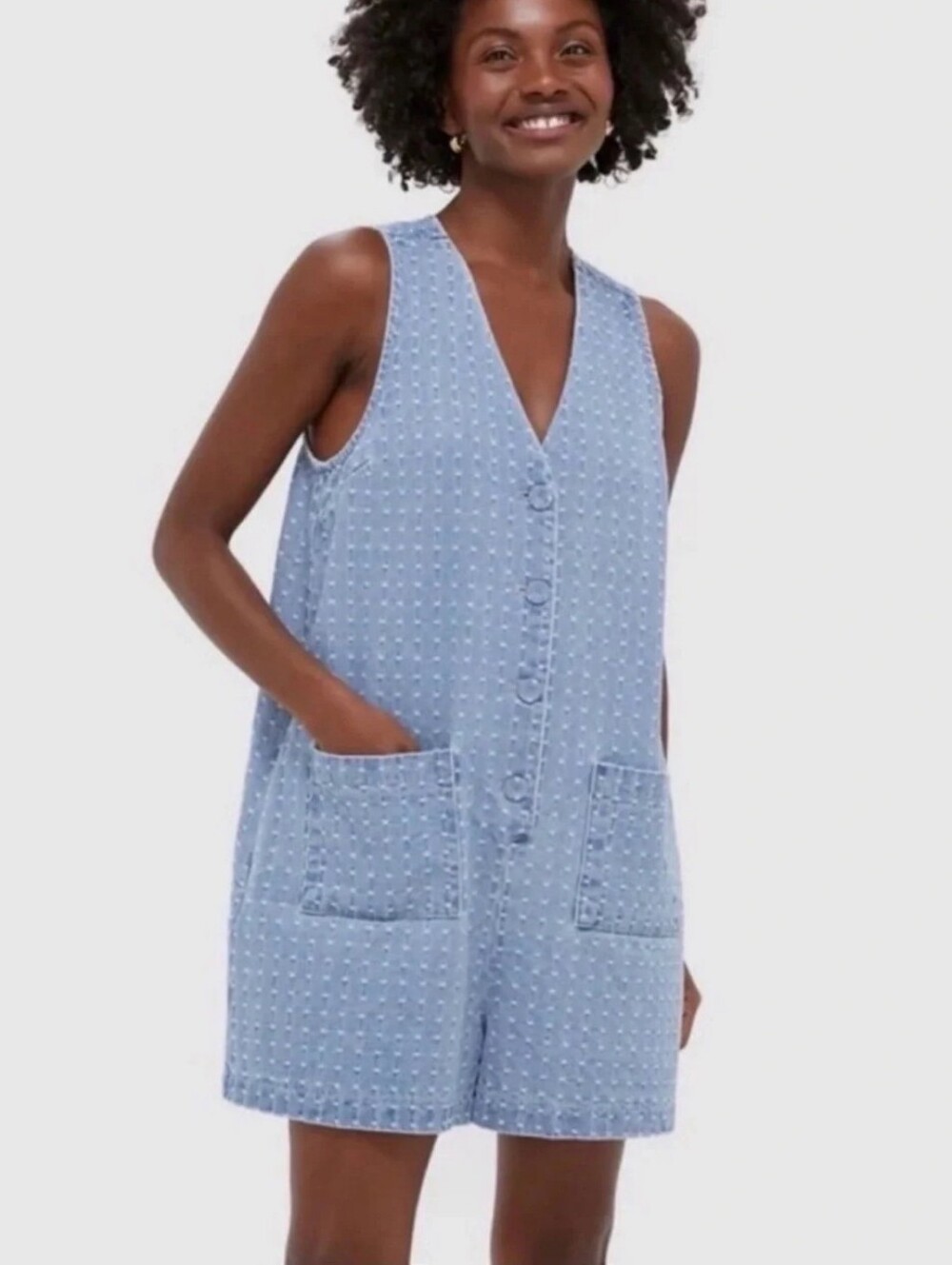 NEW Tuckernuck Myla Denim Dot Romper Size M Light Wash Blue Fall Versatile